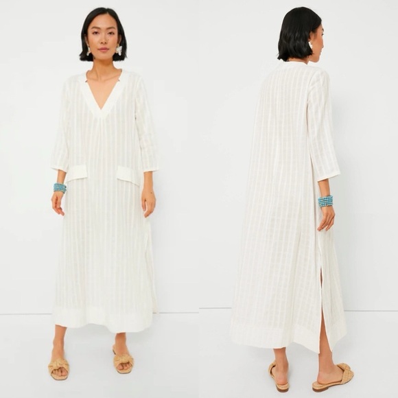 Pomander Place White Carolina Caftan Midi Women's Dress 3/4 Sleeve‎ Size XS EUC - Picture 1 of 11